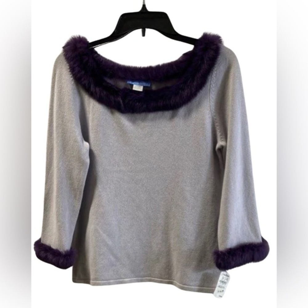 NWT White + Warren silk & cashmere vintage 90s purple fur top